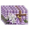 4pc S Lavender & White Floral Cross Placemats, 12x18" - Elegant Easter Lily Table Mats with Purple Checkered Border, Butterfly Ac