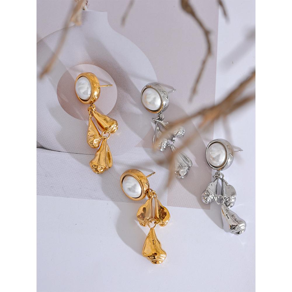 Yhpup Vintage Stainless Steel Metal Flower Drop Dangle Earrings Fashion Imitation Pearl Temperament Charm Stylish Golden Jewelry