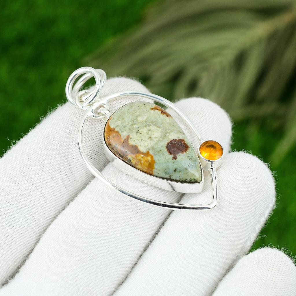Sterling Silver Polychrome Jasper Stone Citrine Daughter Bezel Pendant Jewelry