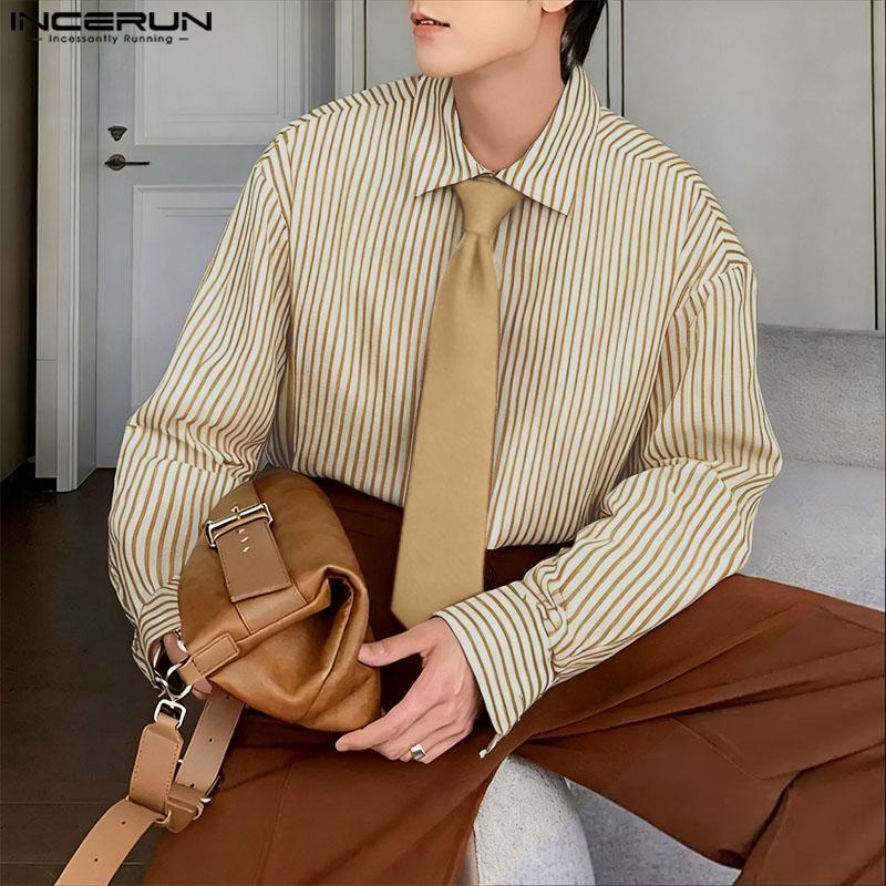 INCERUN S-5XL Men Turn-down Collar Tie Long Sleeve Striped Casual College Style Shirts