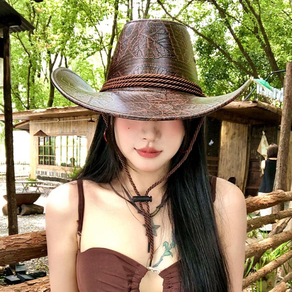 Roll Brim Western Cowboy Hat Wide Brim Knight Hat Punk Visor Cap  Girls
