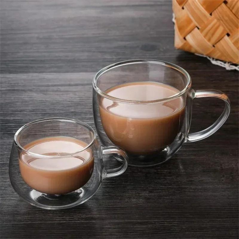 150/250/350ML Glass Cup Double Wall Glass Coffee Milk Beer Cups with Handle Cold and Heat Resistance Home Office Drinking Tools