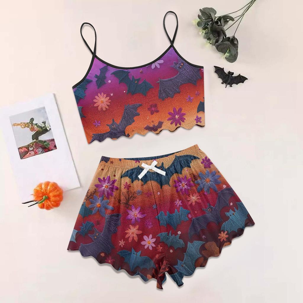 Women's Halloween Set With Retro Floral Print Suspender Sleeveless Vest Shorts Pajama Set