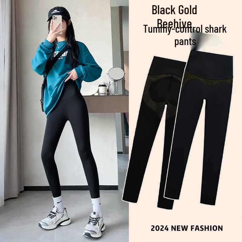 

Spring/Summer High-Waist Honeycomb Yoga Pants: Black Gold, Tummy Control, Slimming and Stylish for Women. L (50-60kg)