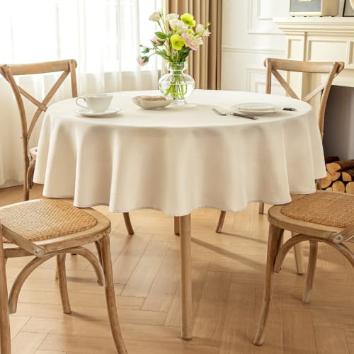 AooHome Runde Tischdecke, Wasserabweisend, Nordischer Stil, Einfarbig, Rechteckig, Stoff, Schlicht, Polyester, Waschbar, 150cm Durchmesser (beige)