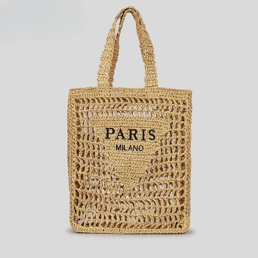Pure Handmade Woven Handbag Women's Rustic Style Hollow Embroidery Letters Straw Bag Large Capacity Shoulder Bag