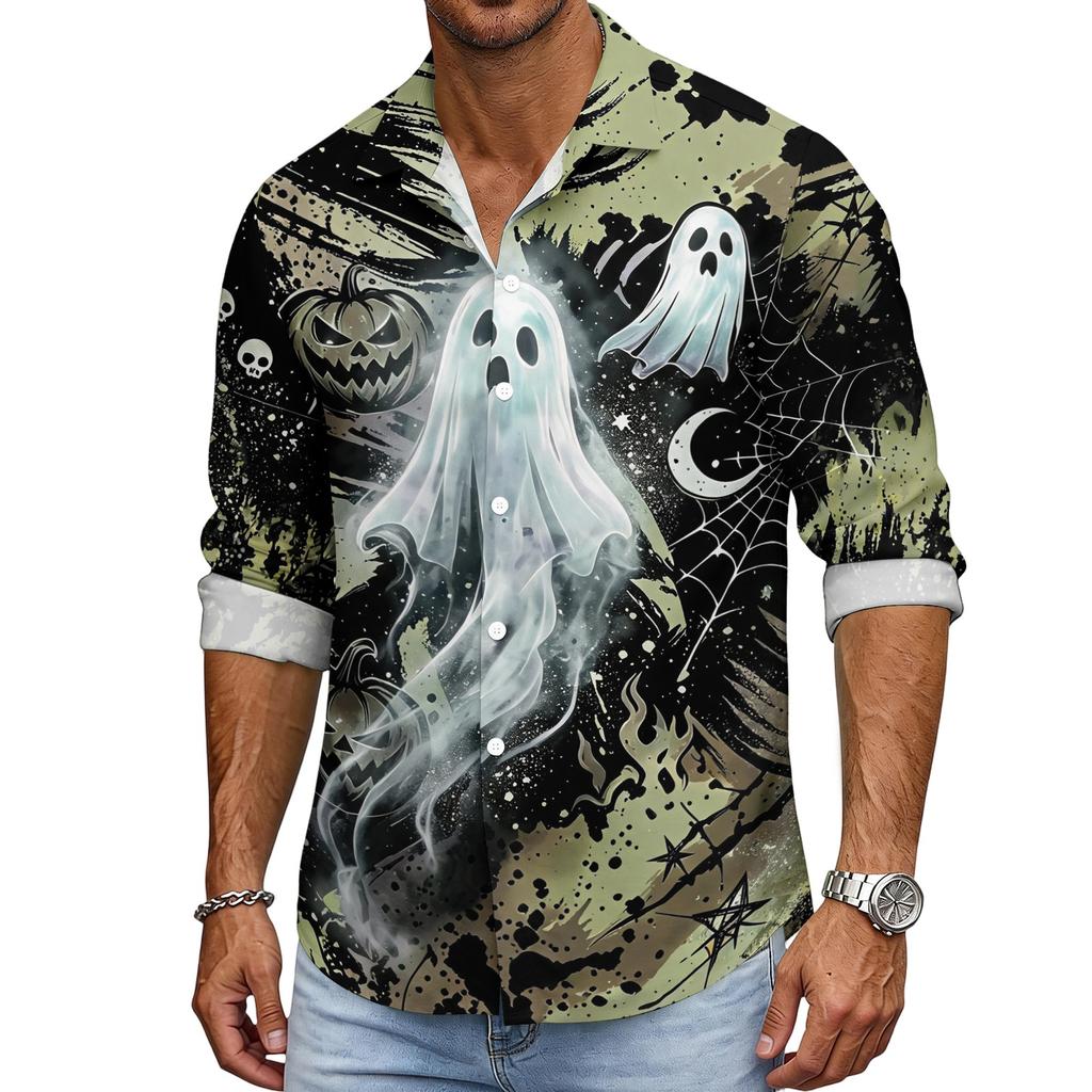 Men's Halloween Long Sleeve Button Down Shirt with Collar Casual for Holiday Parties