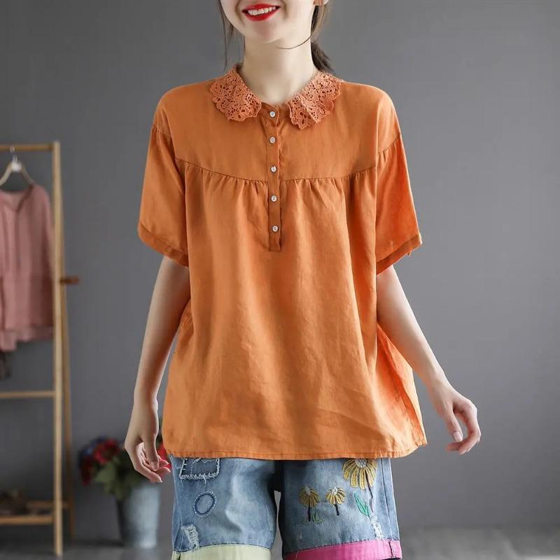 

Women Orange Lace Collar Half Button Short Sleeve Linen Blouse M