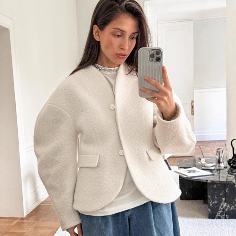 Womens Thick Wool Blend Coat V-Neck Solid Color Elegant Casual Jacket