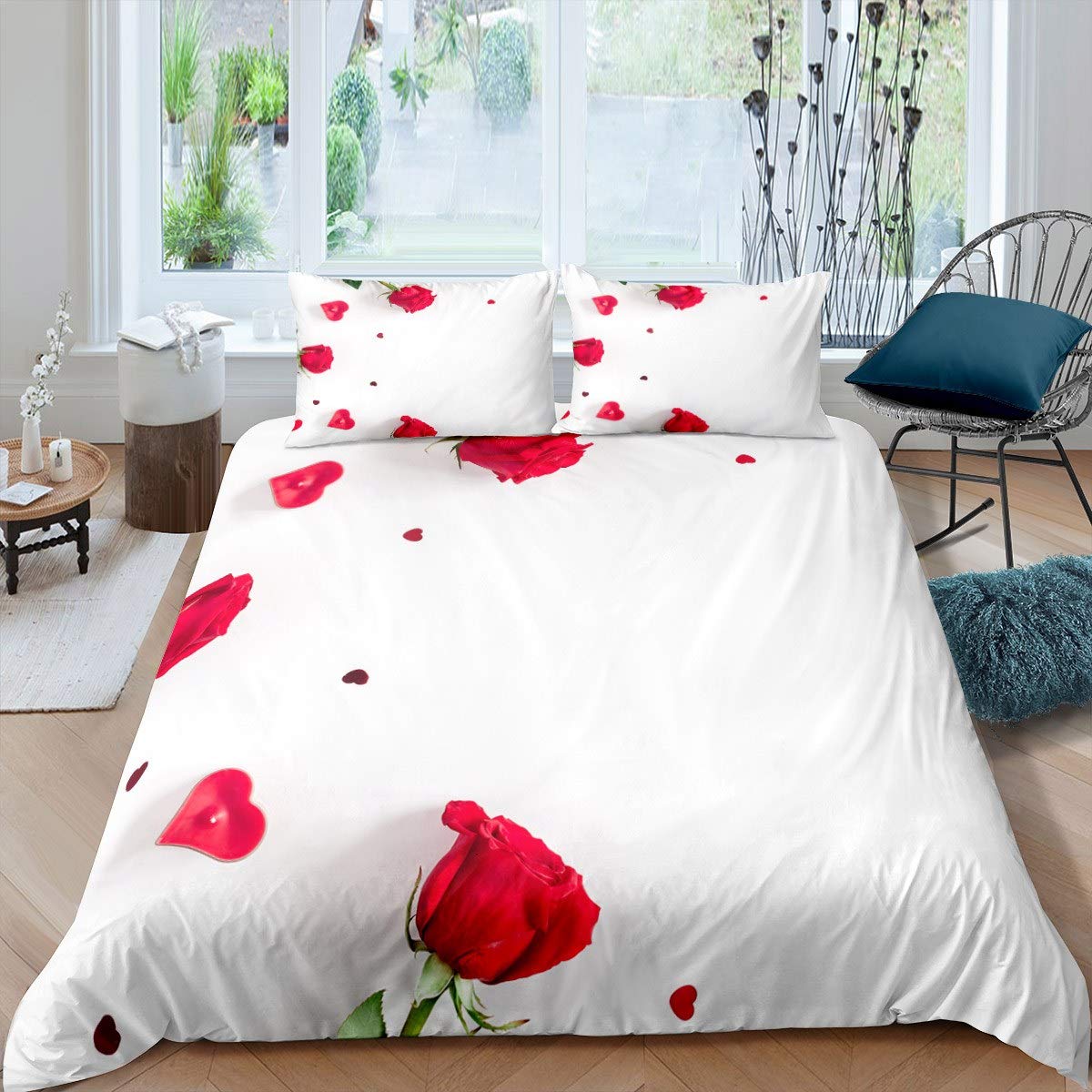 

Комплект постільної білизни з принтом квітів троянди «Червона троянда» Романтичний свіжий стиль «Кінг-сайз» підковдра з наволочками для закоханих 240x220cm 3pcs