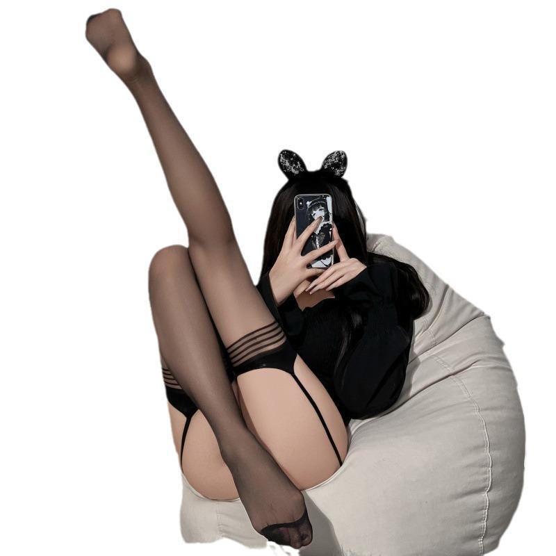 European & American Women's Sexy Transparent Striped Garter Stockings - Black