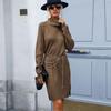 Autumn Winter Chic Solid Knitted Sweater Dress Full Sleeve High Collar Thick A-line Long Pullover