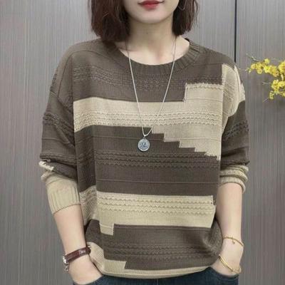 Round Neck Color Block Sweater Fashion Premium Blouse Spring Autumn Loose Versatile Knit Top