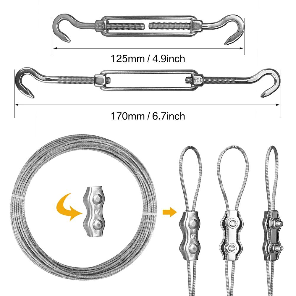 15M Cable Wire 304 Stainless Steel Ropes with Heavy Duty Anti-Rust Hardware Kit for Awning Canopy Wire Clothesline Rustproof Kit