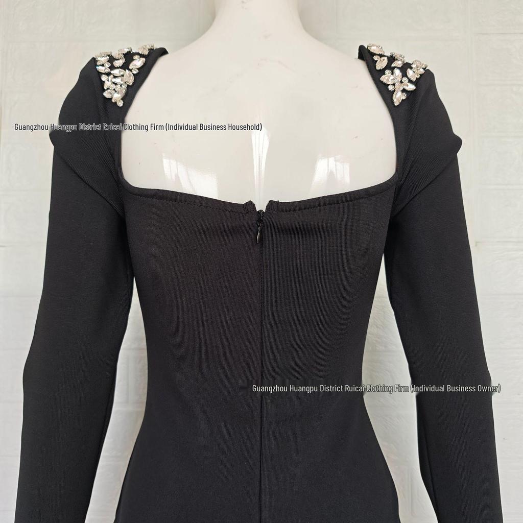 European & American Rhinestone Inlaid Stand-up Collar Bandage Evening Dress, 2025 Luxury Style.