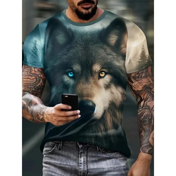 Summer Round Neck 3D Print Wolf Pattern Top Fashionable Casual Short Sleeved Men's T-shirts
