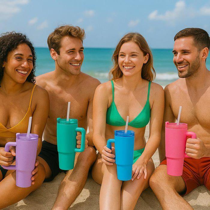 Thermobecher 1100ml mit Strohhalm und Griff – Auslaufsicher und Spülmaschinenfest - Farbe Lila