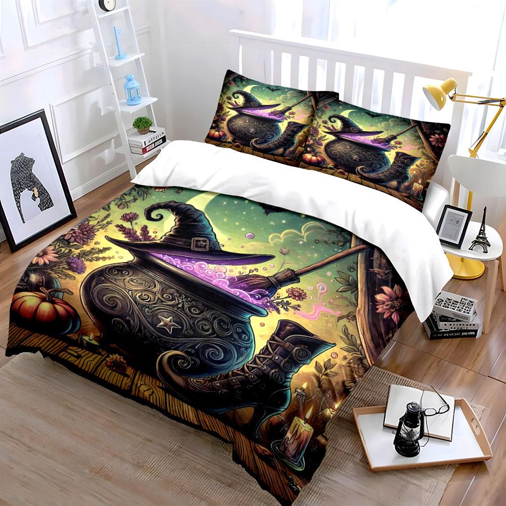 Witch Cauldron Hat Boot Set Bedding Set With 1 Duvet Cover 2 Pillowcases Single Double King Queen, Gift