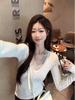 Chic V-Neck Lace Patchwork Long-Sleeve Slim-Fit Korean Style Top for Autumn/Winter