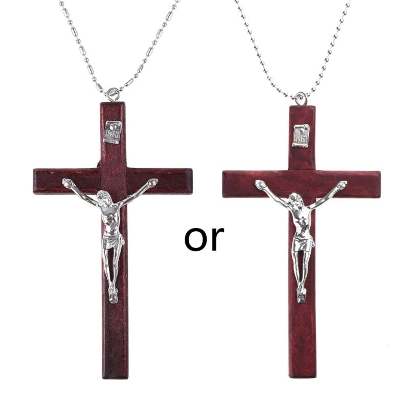 Retro Jesus Cross Necklace Wood Metal Pendant Orthodox Praying Chain Jewelry Catholic Religious Christian Crucifix Gift for Men