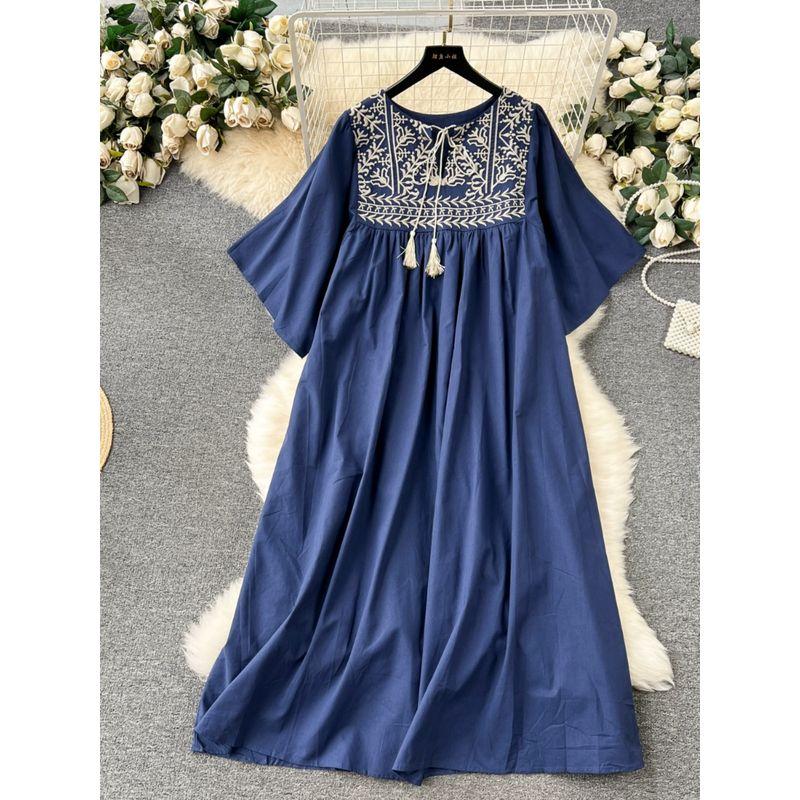 Women's Clothing Retro Belly Covering Slim Looking Dress Embroider