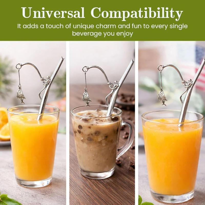 Fun Fishing Figure Straw Stainless Steel Drinking Straw for Cocktails Iced Coffee Beverages and Home Decoration P9YB