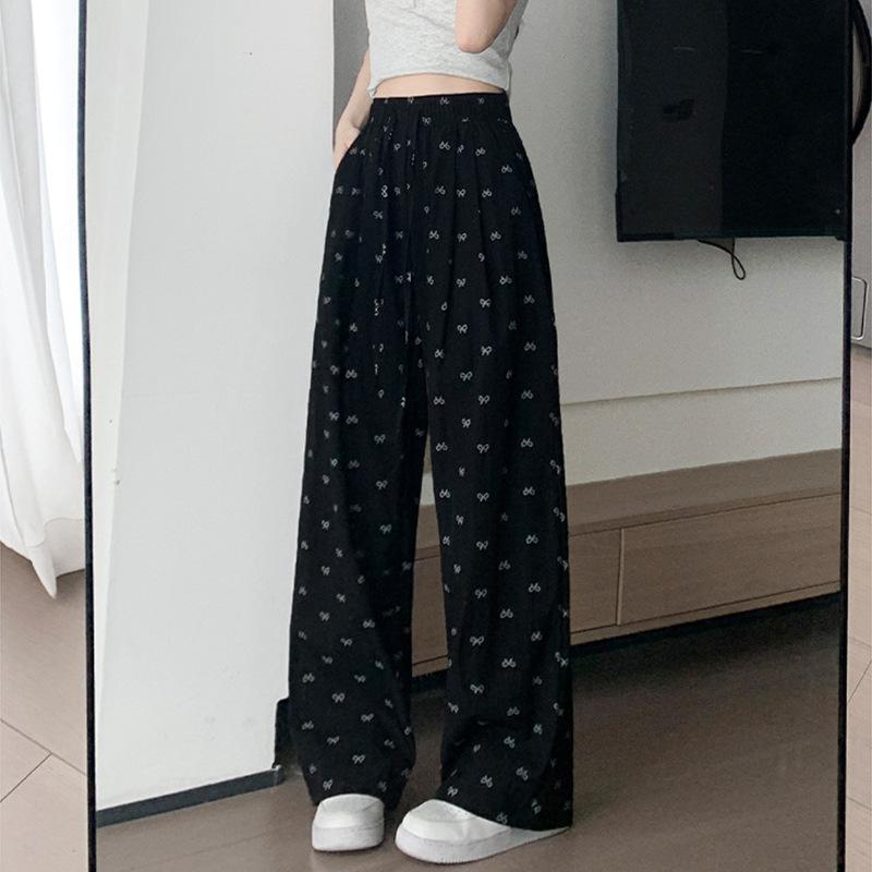 Women's Pants Elastic Waist Printed Tie Straight Draped Casual Pants Long Trousers