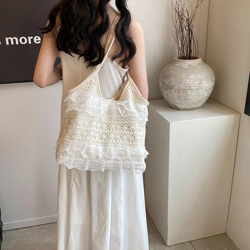 Bolso de mano para mujer con tejido de encaje calado estilo rústico de gran capacidad 2026 NUEVO Bolso de hombro ligero de estilo simple literario y artístico