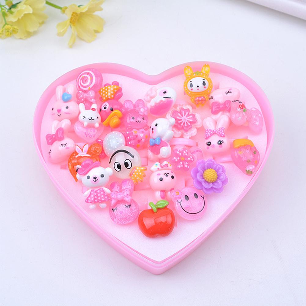 24Pcs Cute Adjustable Mixed Kids' Girls' Pink Animal Flower Fruit Polymer Resin Cartoon Rings Children' Jewelry with Heart-shape Gift Box