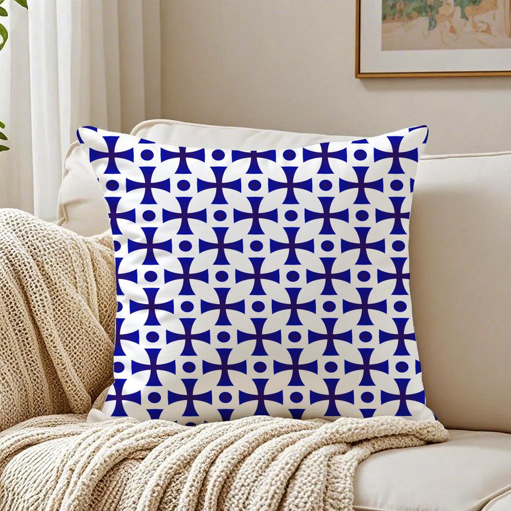 Blue And White Geometric Pillow Case Double-Sided Plush Sofa Cushion Covers Organic Breathable Invisible Zipper