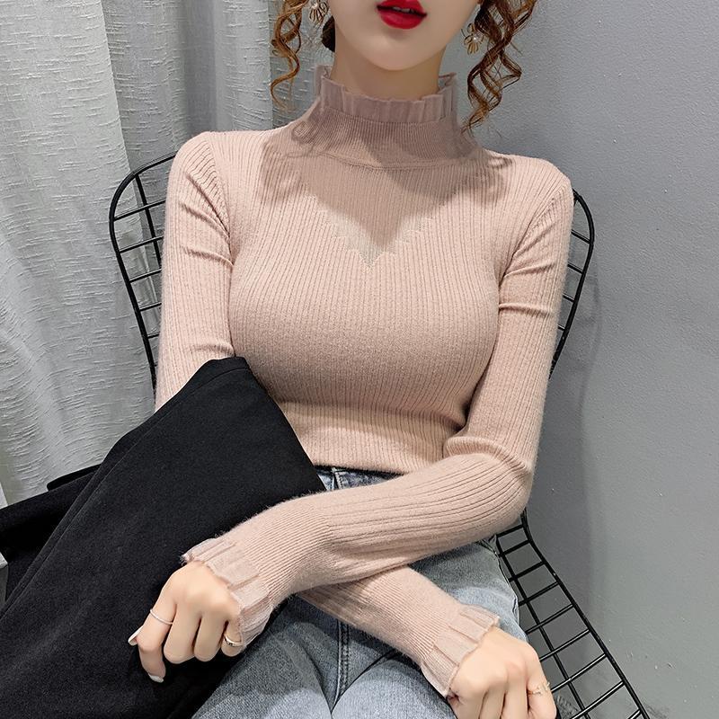 Women Half High Neck Lace Stitching Hollow Sweater Slim Inner Wear Knitted Bottoming Shirt Female Tops Autumn and Winter