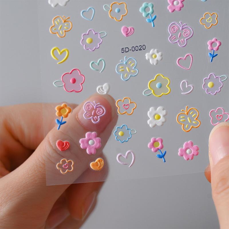 Dopamine Colored Relief Nail Stickers Cartoon Line Flower Pink Sweet Style Cute Nail Sticker Nail Art Diy Decoration