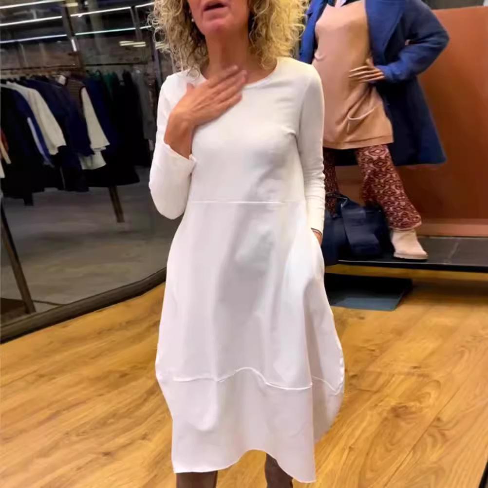 Herbst/Winter Einfarbig Langärmlig Lässiges Taschenkleid mit Rundhalsausschnitt