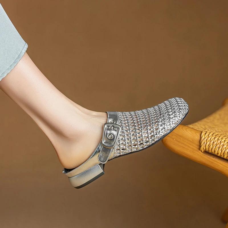 Fashion 2025 New Summer Women Mules Leather Women Shoes Round Toe Chunky Heel Microfiber Weave Sandals Cover Toe Women Slippers