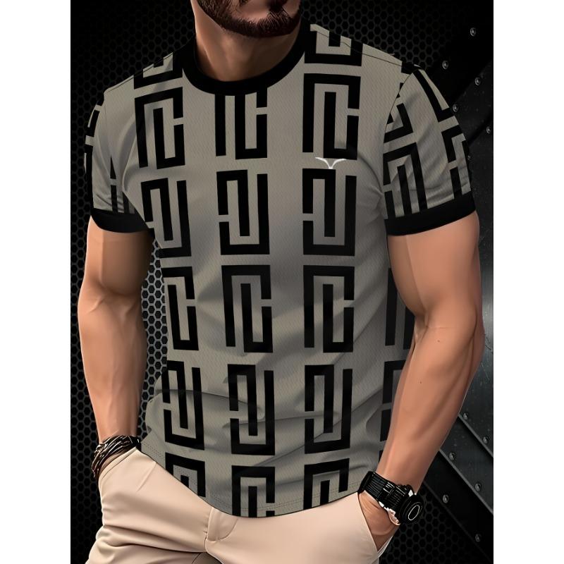 Men s Geometric Pattern T-shirt Fashionable Short Sleeved Round Neck Casual Versatile Clothing XL 960₽