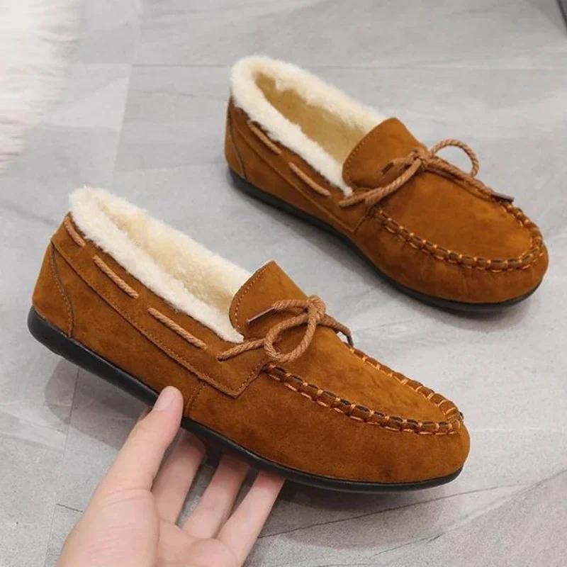Winter Shoes Women Casual Flat Shoes Women's Moccasins Soft Loafers Fashion Comfort Warm Plush Bow Slip On Female Cotton Shoes