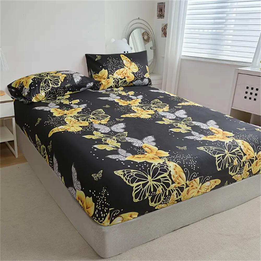 3pcs Butterfly Print Bedding Set - Ultra-Soft, Breathable, Stain-Resistant Fitted Sheet and 2 Pillowcases, Deep Pocket Design