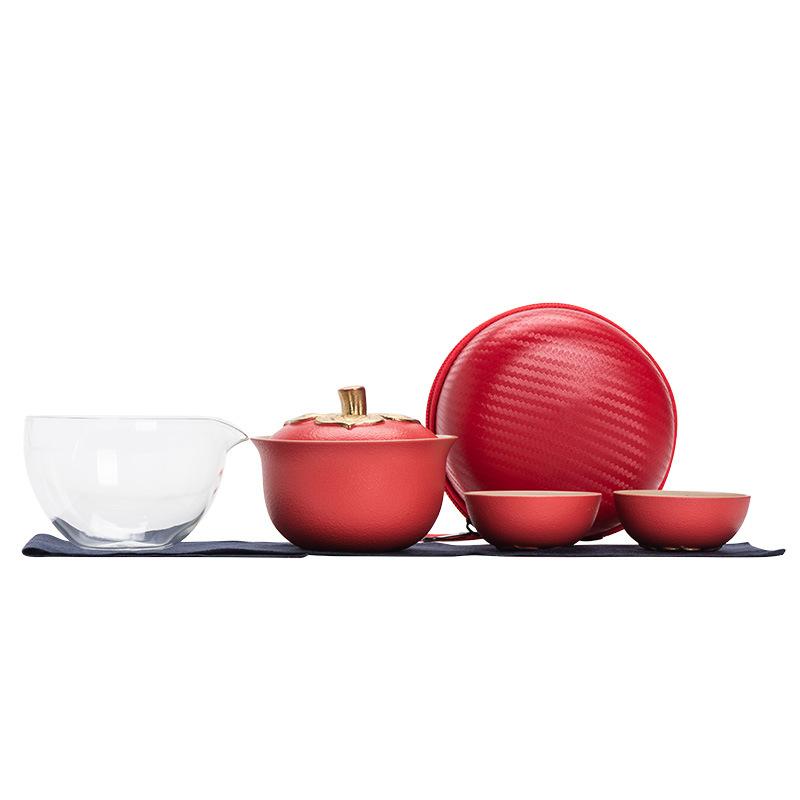 Persimmon Ruyi Travel Tea Set Forbidden City Red Express Cup Portable Storage Brewing Teapot Teacup One Pot Two Cups