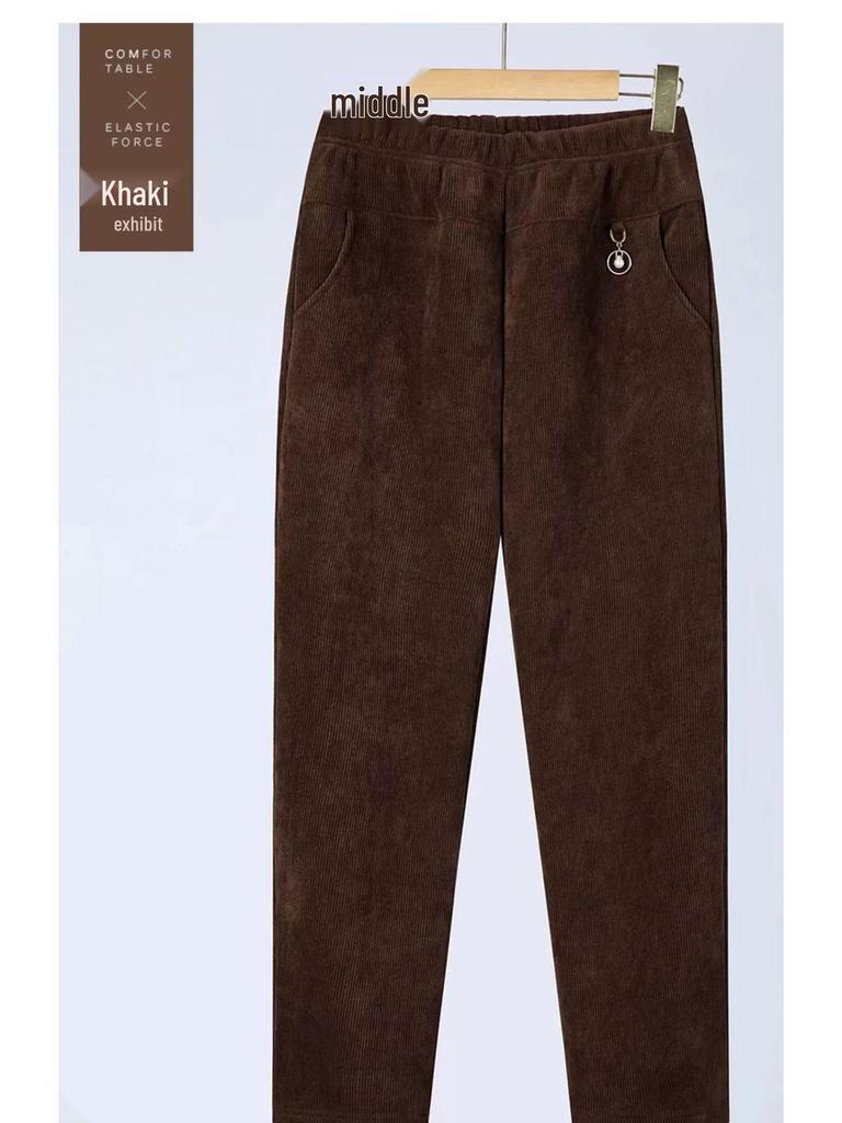 Mom's Corduroy Pants: Spring & Autumn Long, Middle-Aged & Elderly, Grandma's Winter Cotton Plus Velvet, Loose Fit, Large Size.