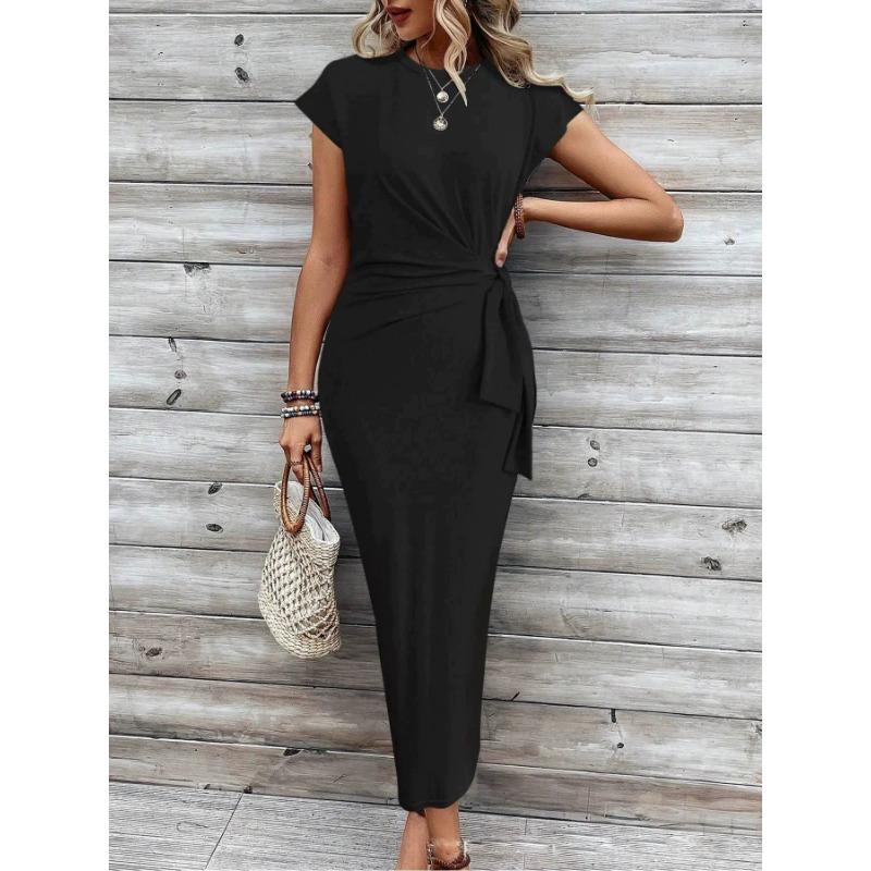 Damen Sommer Temperament Elegant Taille Binden Streifen Rundhals Kurzarm Lange Kleider