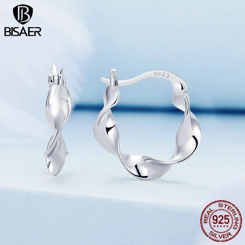 Bisaer 925 Sterling Silver High Gloss Twisted Stud Earrings For Women Lovely Girl Birthday Gift Holiday Party Jewelry
