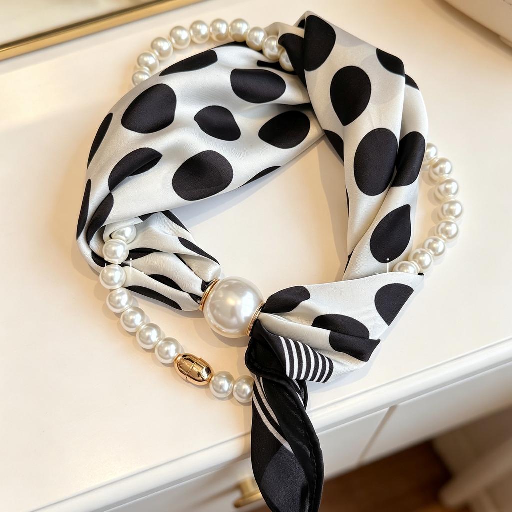 Popular Magnetic Buckle Pearl Necklace Silk Scarf Classic Striped Design Small Scarf Women's Protection Collar Anti-sun Thin Scarf