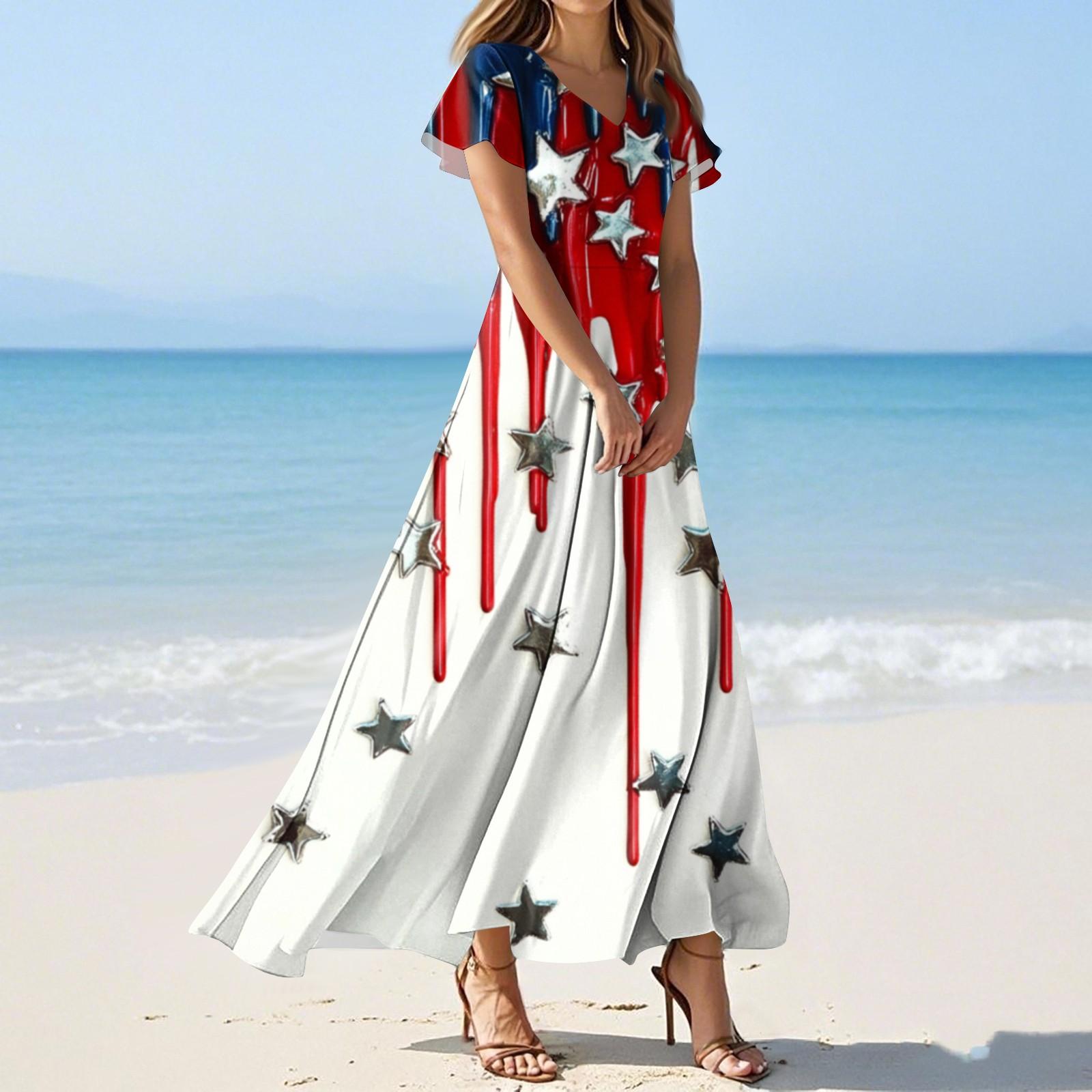 

Женские летние повседневные модные платья с принтом ко Дню независимости, платья с коротким рукавом и V-образным вырезом M