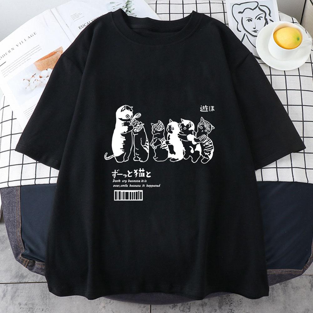 

Japanese Kanji Cat 100 Cotton Oversize T Shirt Short Sleeve Womens Tops 2023 Summer Couples Loose Fashion Tees Korean Style 4XL