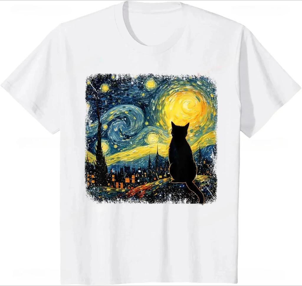 Starry Night Cat Print Tshirt Men Fashion Retro Round Neck Short Sleeve Womens Streetwear Loose Base Layer Cat Lover TShirt