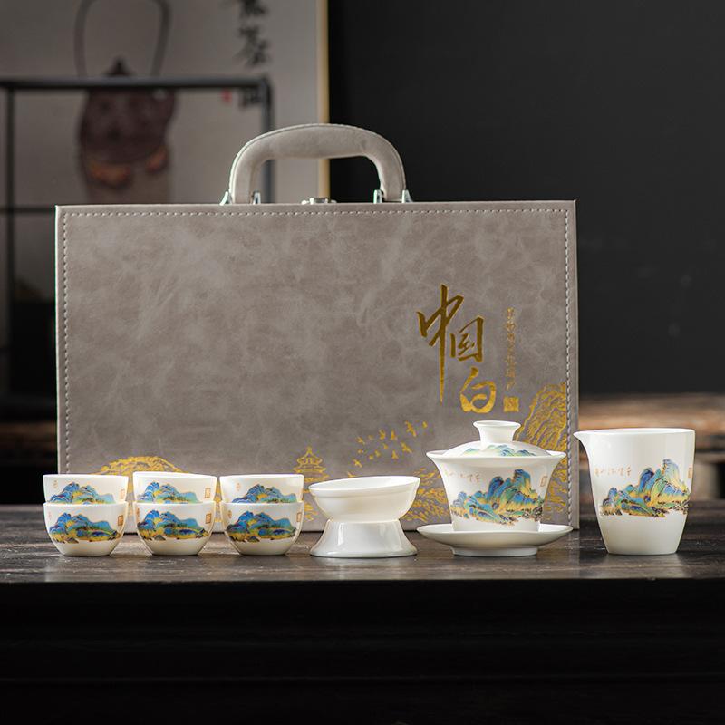 Chinese high-end Dehua suet jade white porcelain tea set Kung Fu teacup office guest cover bowl set