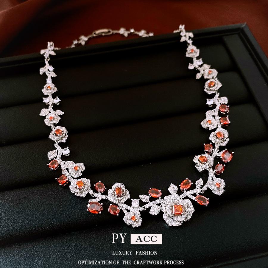 Retro Style Zircon Rose Earrings Necklace Court Style Exquisite Collarbone Chain Light Luxury Niche Jewelry Set