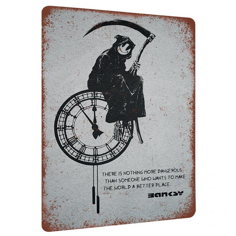 

Banksy Reaper Clock Metal Wall Art Gothic Home Decor Vintage Style Iron Painting 20x30cm（7.8x11.8inch）