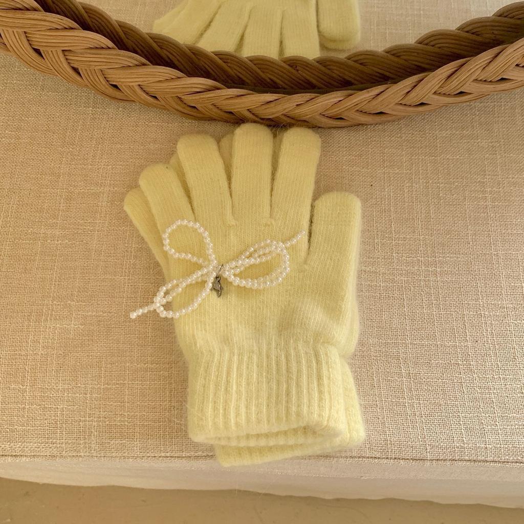 Autumn new Korean rabbit fur solid color cute pearl bow knitted wool finger gloves