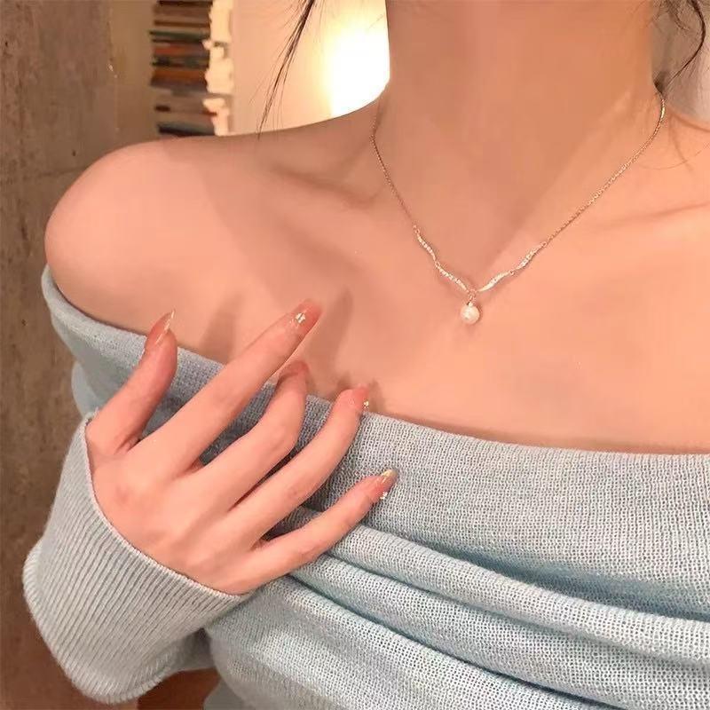 925 Sterling Silver Zircon Wave Pearl Pendant Necklace Women's Clavicle Chain